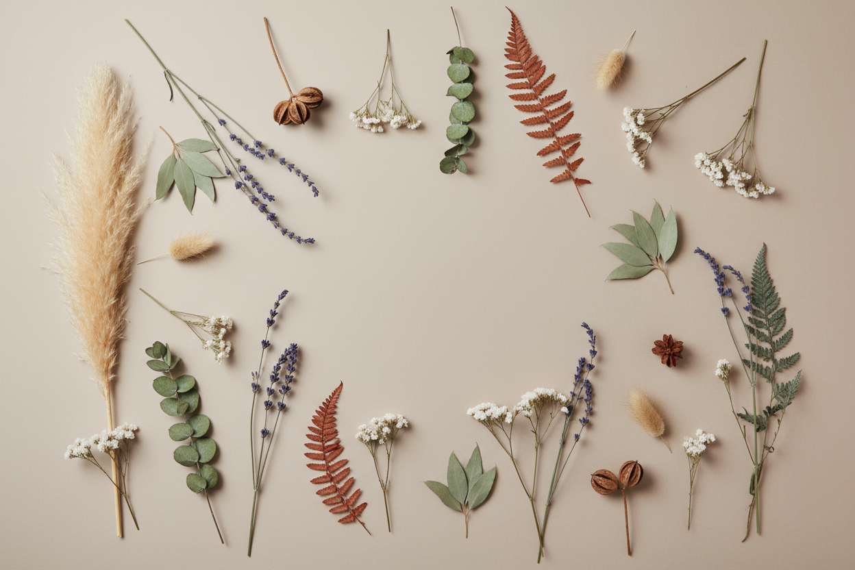 droogbloemen verdeeld over de afbeelding alsof zij liggen in een studio. Lichte/taupe achtergrond.