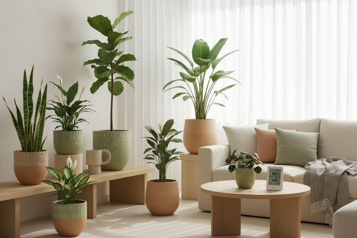 Een elegante, natuurlijke interieursetting met luchtzuiverende kamerplanten in esthetische keramische potten in zachte pastelkleuren (groen, beige, terracotta). De planten staan in een moderne woonkamer met zacht diffuus daglicht en lichte muren. De sfeer straalt rust, zuiverheid en balans uit — een perfecte combinatie van natuur en wetenschap. Fotorealistisch, hoge resolutie (8K), minimalistisch design, frisse lucht en natuurlijk licht, zachte schaduwen, premium productfotografie stijl. Focus op harmonie, 