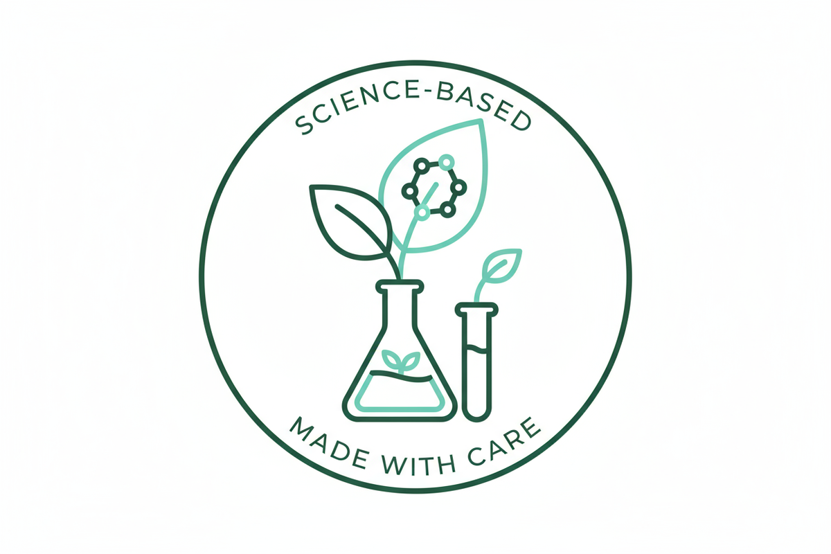 een icoon die staat voor; gebaseerd op wetenschap, gemaakt met zorg. (mbt luchzuivernede planten). Dus een icoon die wetenschap en planten combineert