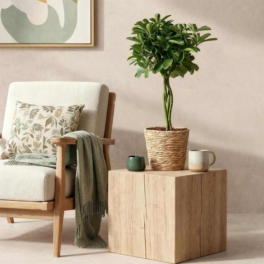 Green BoutiQ - Green is... Kamerplanten - Schefflera Nora - Vingerboom - Weinig onderhoud - met mand - Groen - 1 Plant - Pot 21cm - Hoogte 70-82cm