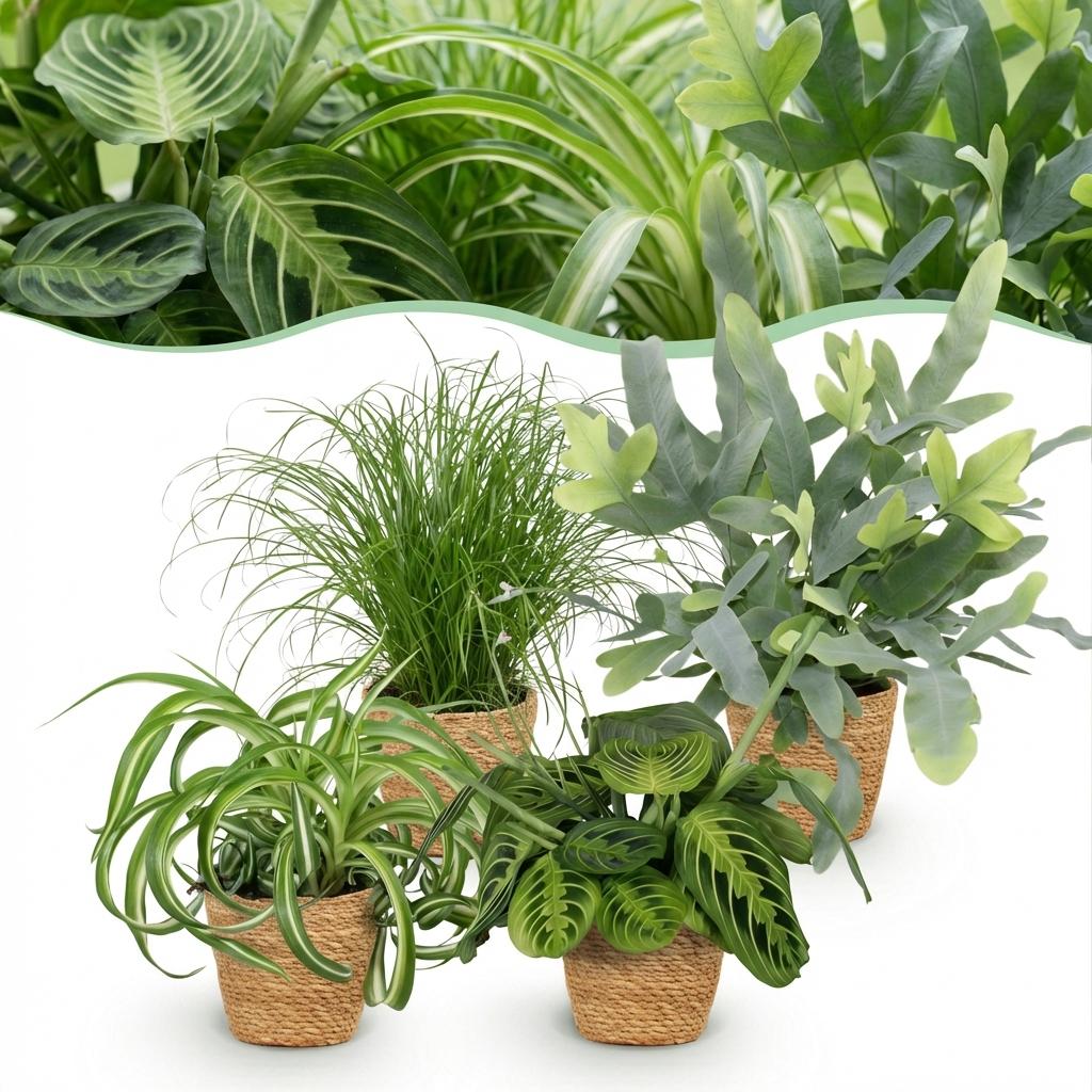 Green boutiQ - Kamerplant - Chlorophytum - Cyperus - Phlebodium - Marantha - Mix van 4 - Huisdiervriendelijke Planten - Groen - 4 Planten - met Mand - Pot 12cm - Hoogte 25cm
