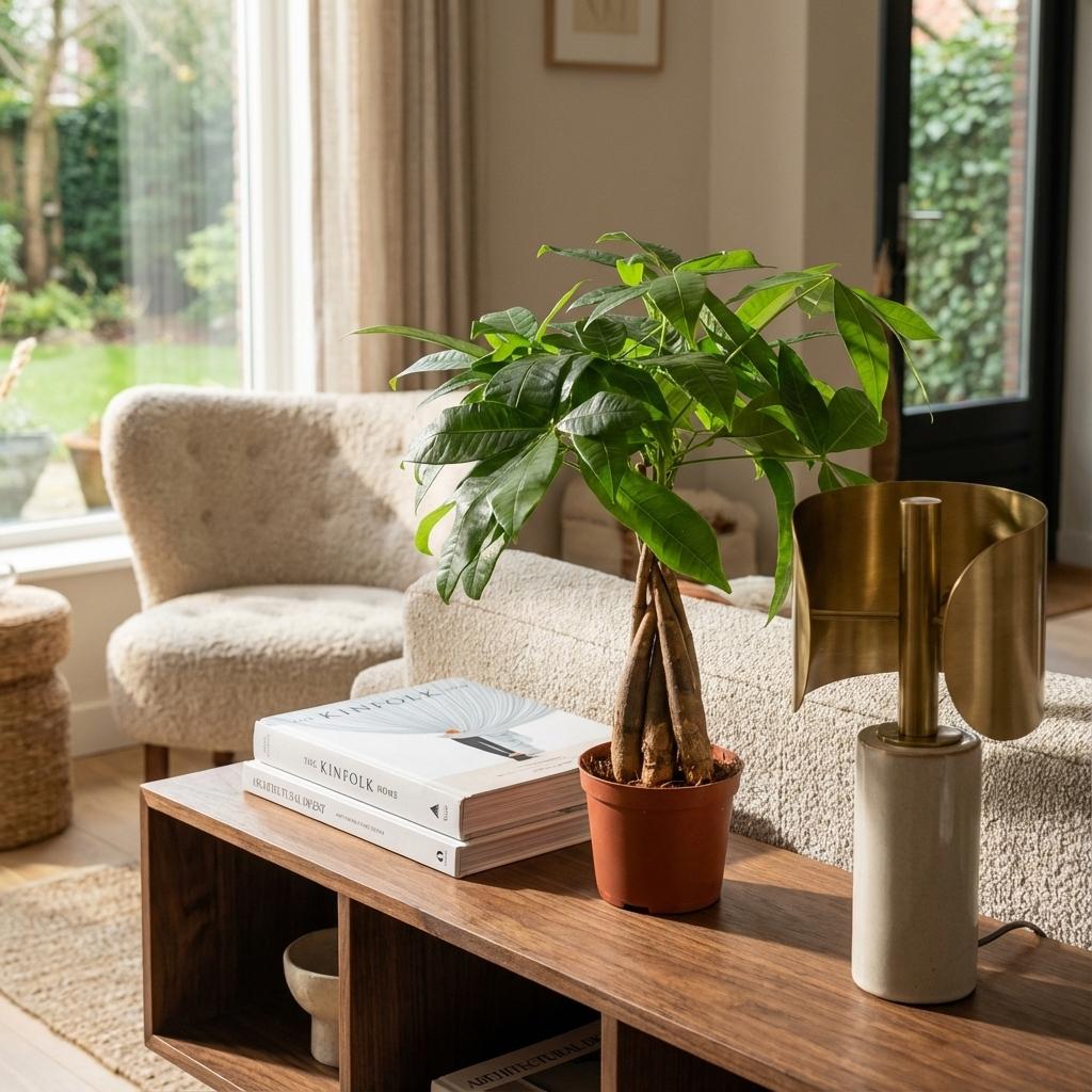 Green boutiQ - Kamerplant - Geldboom - Pachira Aquatica - Groen - Weinig onderhoud - 1 Plant - Pot 12cm - Hoogte 40 - 50cm