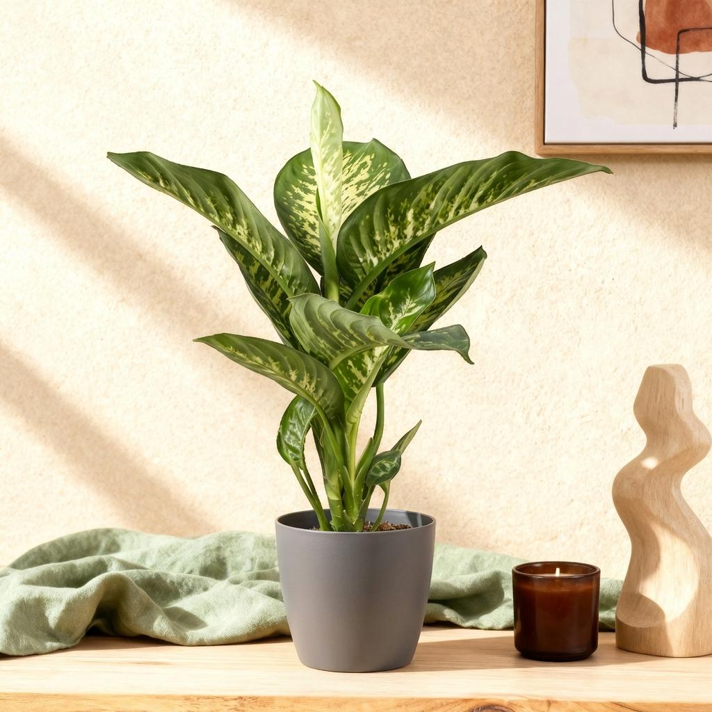 Green BoutiQ - Kamerplanten - Diefenbachia Tropic Snow - Dieffenbachia - Weinig onderhoud - Groen - 1 Plant - met Potter Grijs - Pot 21cm - Hoogte 90-100cm