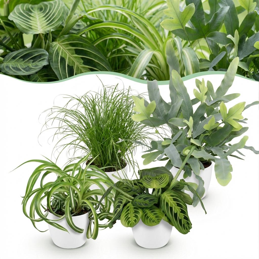Green boutiQ - Kamerplant - Chlorophytum - Cyperus - Phlebodium - Marantha - Mix van 4 - Huisdiervriendelijke Planten - Groen - 4 Planten - met Potter Wit - Pot 12cm - Hoogte 25cm