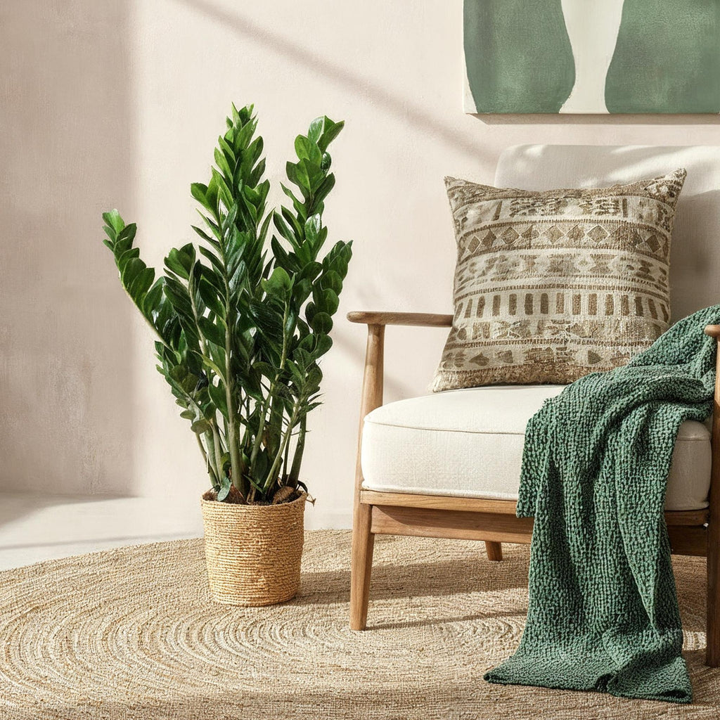 Green BoutiQ - Green is... Kamerplanten - Zamioculcas - ZZ-plant - Weinig onderhoud - met mand - Groen - 1 Plant - Pot 21cm - Hoogte 80-90cm