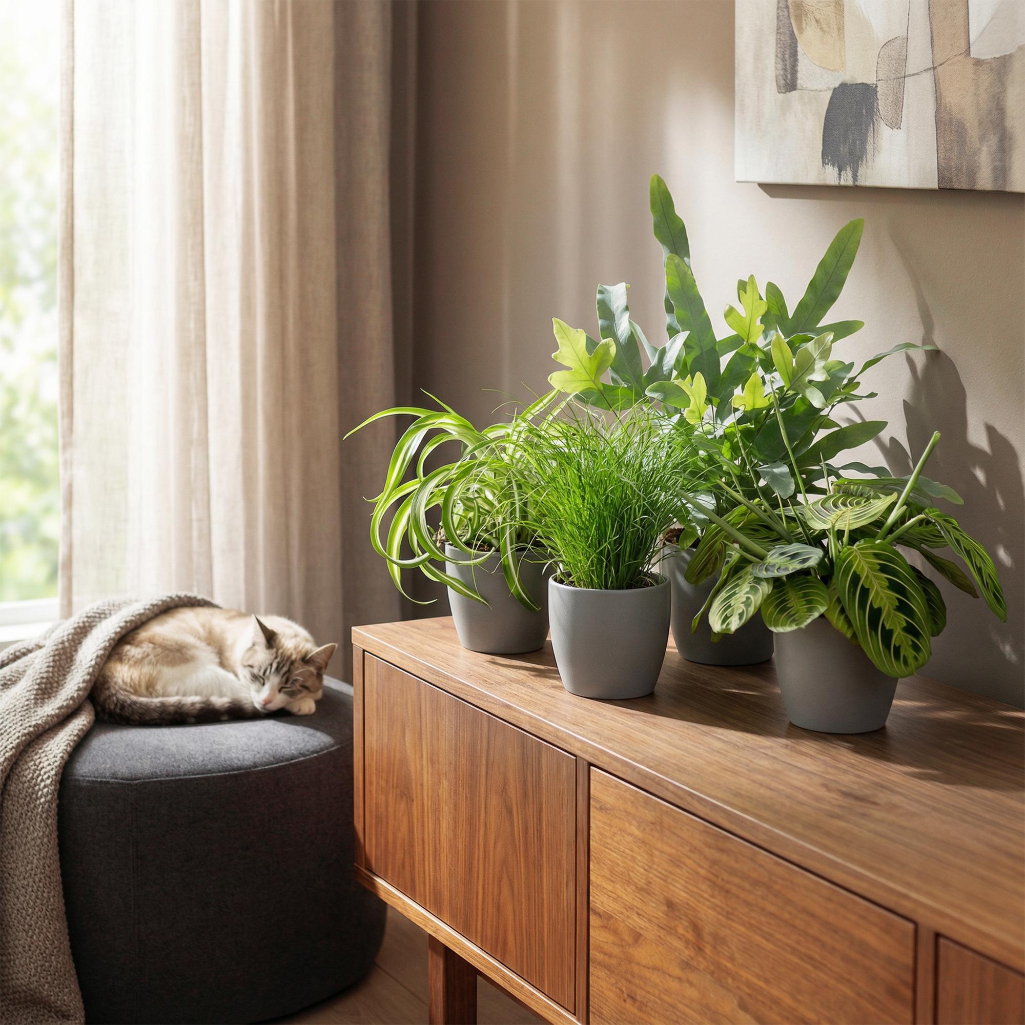 Green boutiQ - Kamerplant - Chlorophytum - Cyperus - Phlebodium - Marantha - Mix van 4 - Huisdiervriendelijke Planten - Groen - 4 Planten - Pot 12cm - Hoogte 25cm