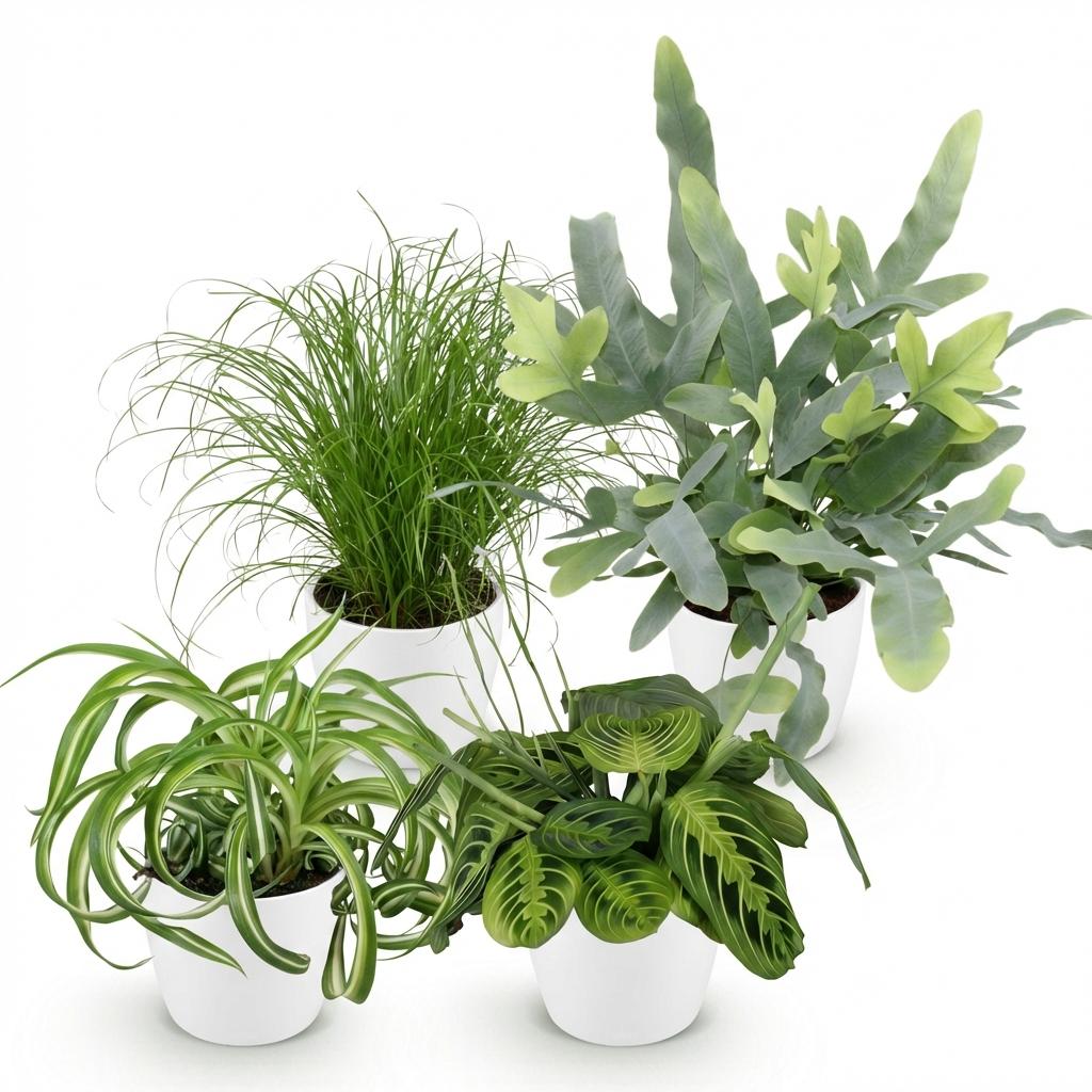Green boutiQ - Kamerplant - Chlorophytum - Cyperus - Phlebodium - Marantha - Mix van 4 - Huisdiervriendelijke Planten - Groen - 4 Planten - met Potter Wit - Pot 12cm - Hoogte 25cm