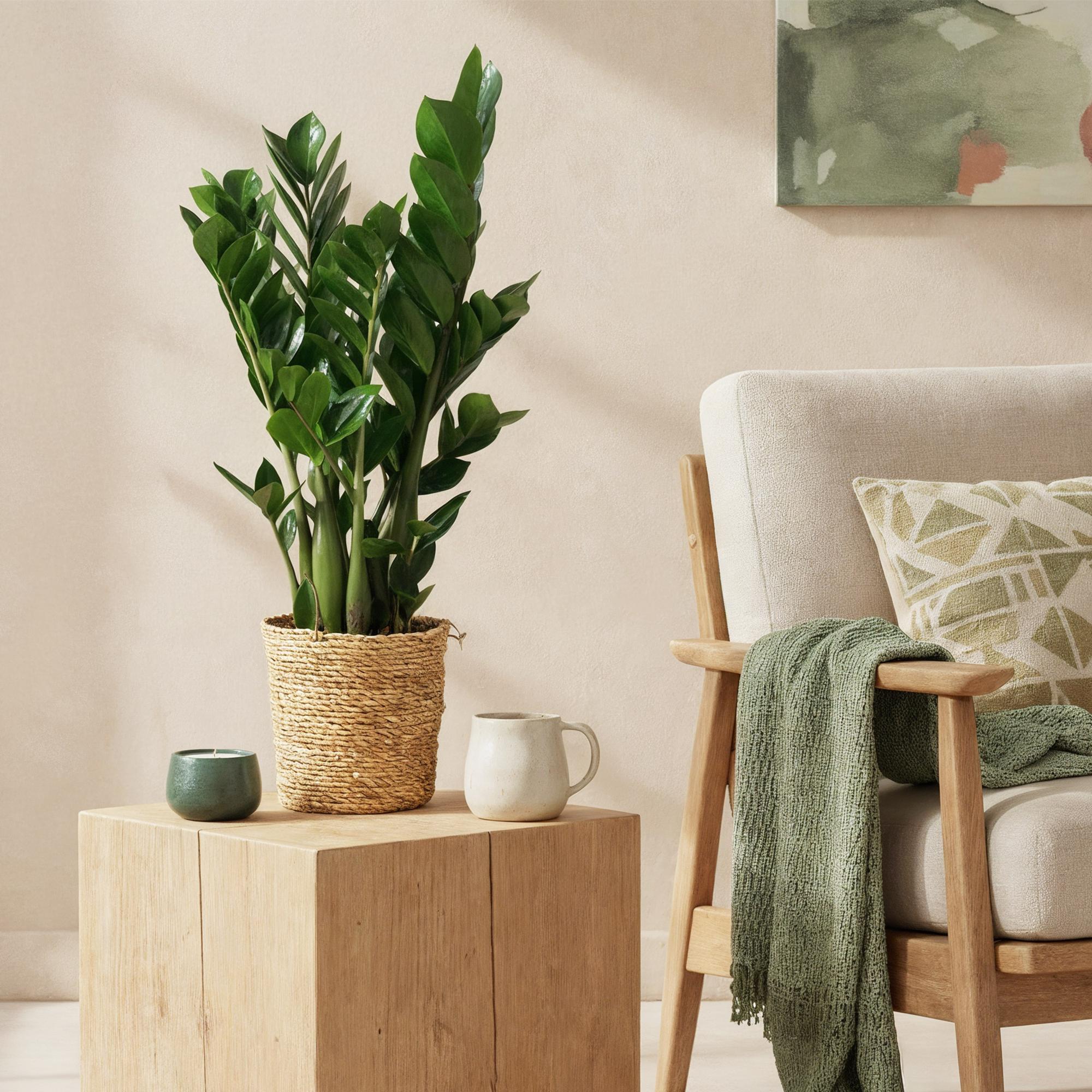 Green BoutiQ - Green is... Kamerplanten - Zamioculcas - ZZ-plant - Weinig onderhoud - met mand - Groen - 1 Plant - Pot 17cm - Hoogte 65-75cm