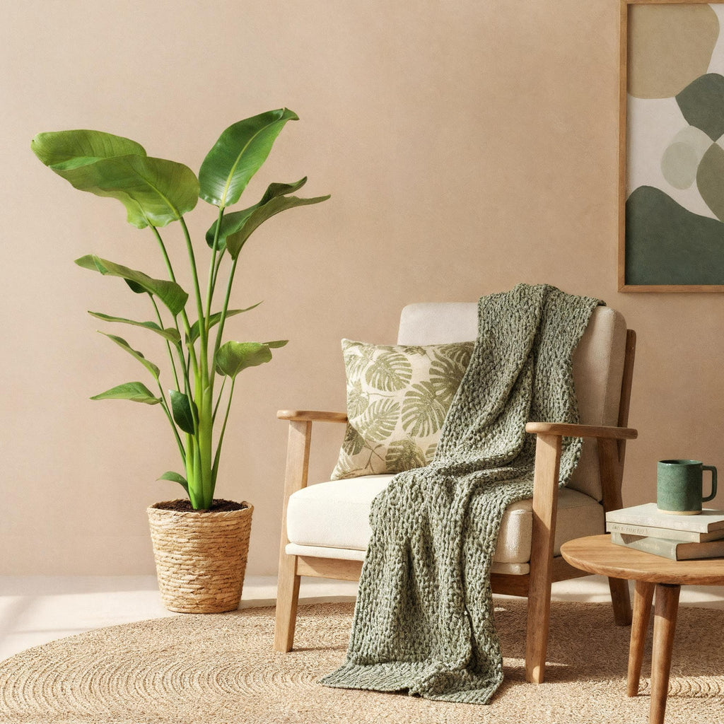 Green BoutiQ - Green is... Kamerplanten - Stelitzia Nicolai - Paradijsvogelbloem - Weinig onderhoud - met mand - Groen - 1 Plant - Pot 21cm - Hoogte 110-120cm