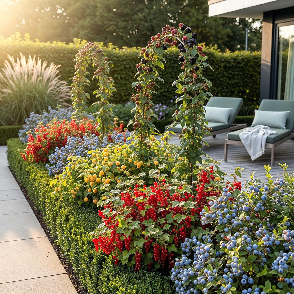 Green boutiQ - Fruitplanten - Rainbow - Rode Bes - Gele Framboos - Zwarte Braam - Blauwe Bes - Winterhard - 8 Planten - Pot  9cm