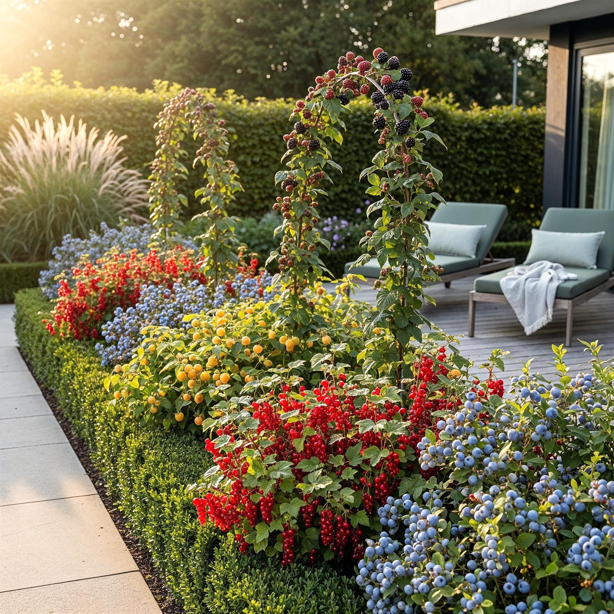 Green boutiQ - Fruitplanten - Rainbow - Rode Bes - Gele Framboos - Zwarte Braam - Blauwe Bes - Winterhard - 8 Planten - Pot  9cm