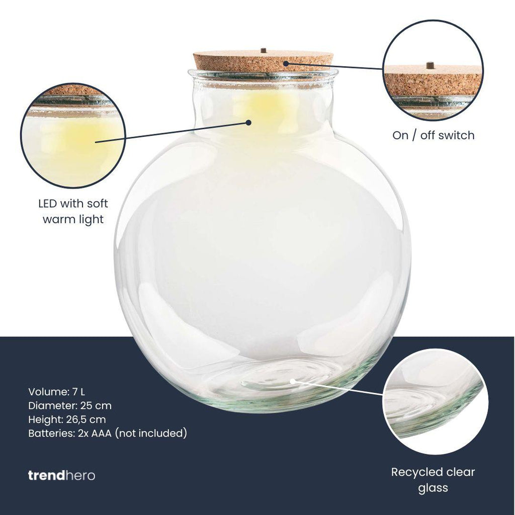 Terrarium fles (met) verlichting - Teddy - Ø 25 cm ↑ 26,5 cm - Zonder LED-kurk