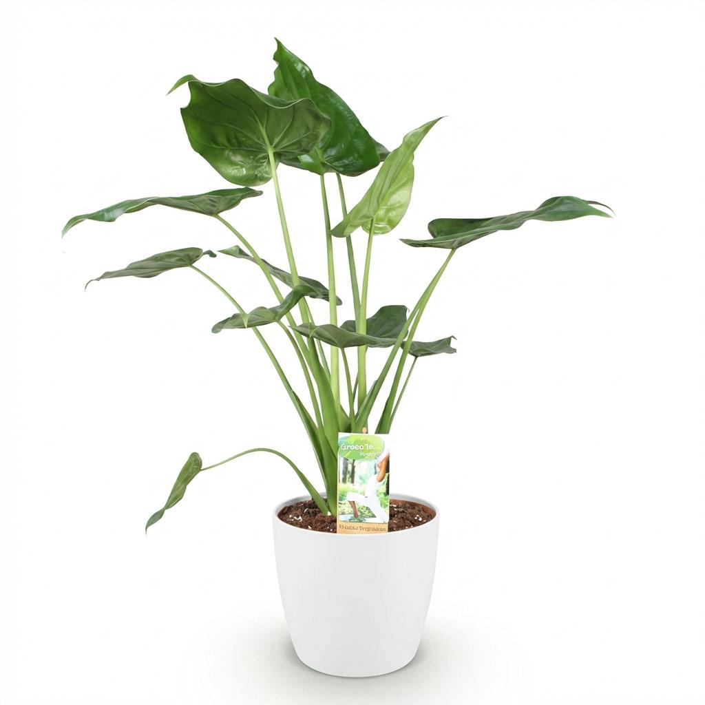 Green BoutiQ - Kamerplanten - Alocasia Cucullata - Boeddha,s hand - Weinig onderhoud - Groen - 1 Plant - met Potter Wit - Pot 21cm - Hoogte 65-70cm